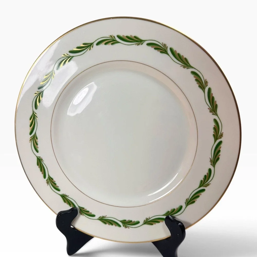 Franciscan Arcadia Green Dinner Plate Ivory Gold Trim Plumes Made in USA 10.5 in